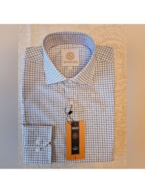 Men’s Cotton Light Blue Check Grid Shirt, Snover, 39, 15.5", Medium, NWT